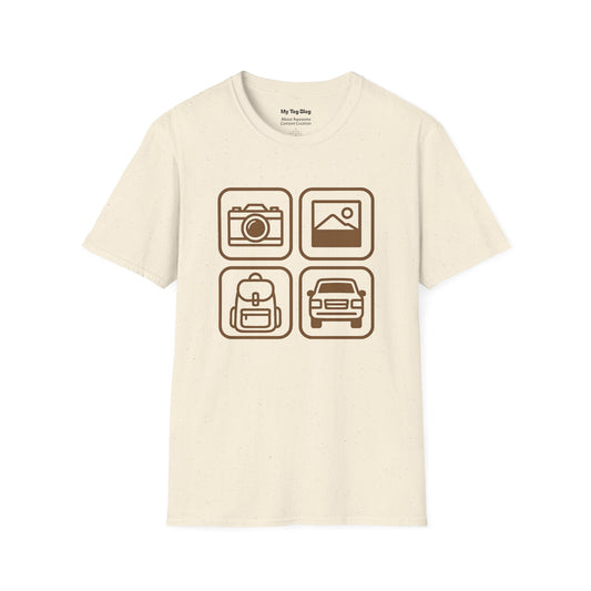 Photography Travel Icons T-Shirt - Adventure Inspired Tee for Travel enthusiasts and Photographers