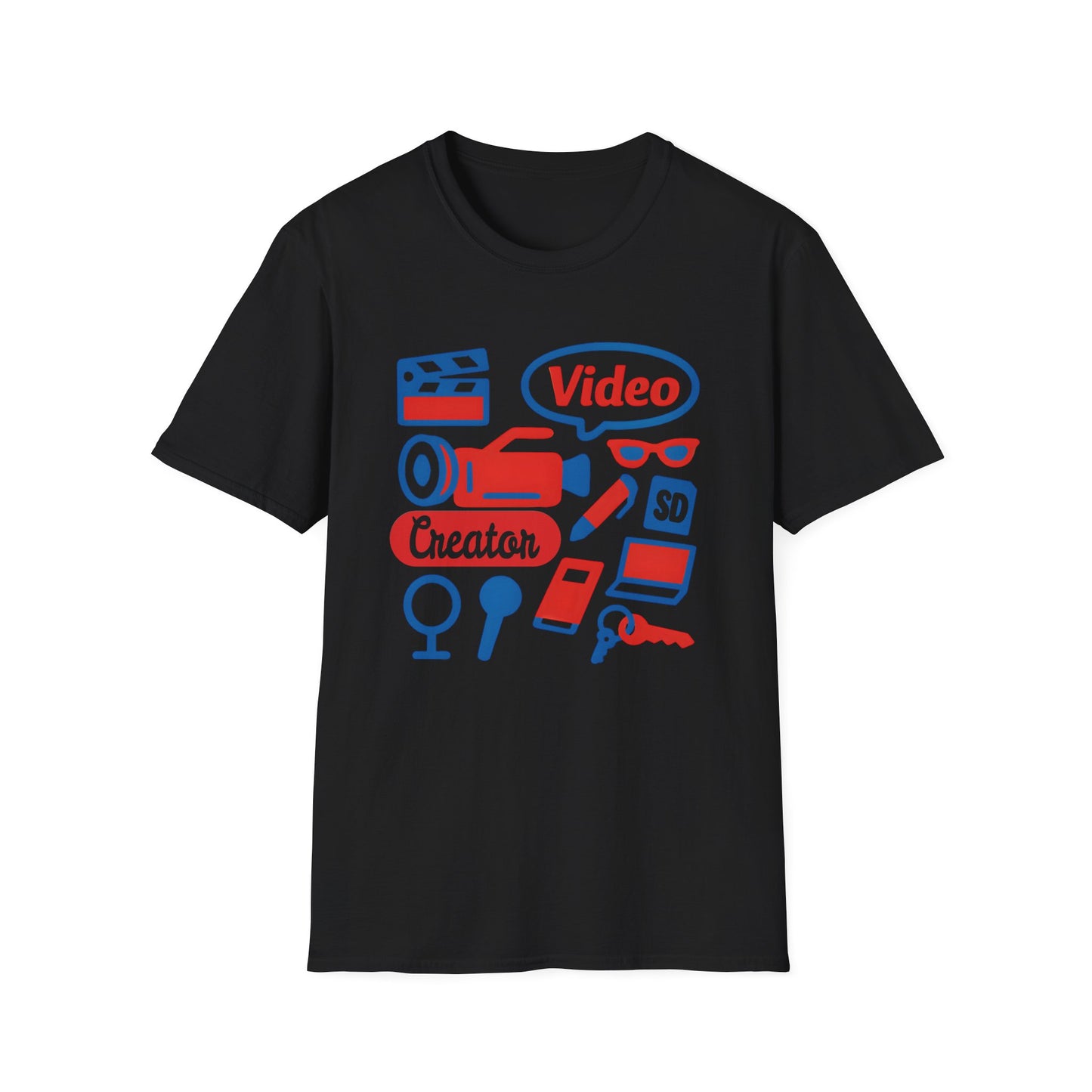 Video Creator T-Shirt with Tools in a Flat Lay Design